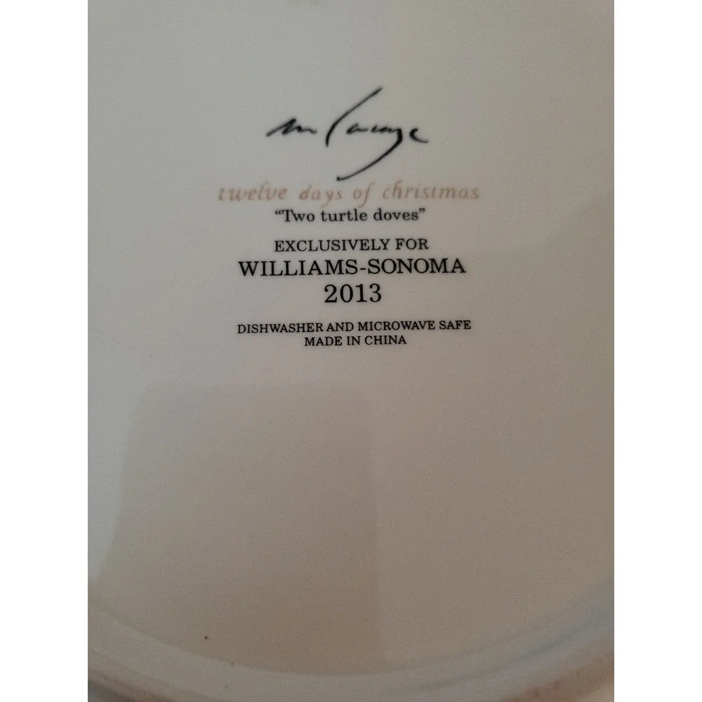WILLIAMS SONOMA‎ 12 DAYS OF CHRISTMAS PLATE ~2 Turtle Doves~ EUC 2013